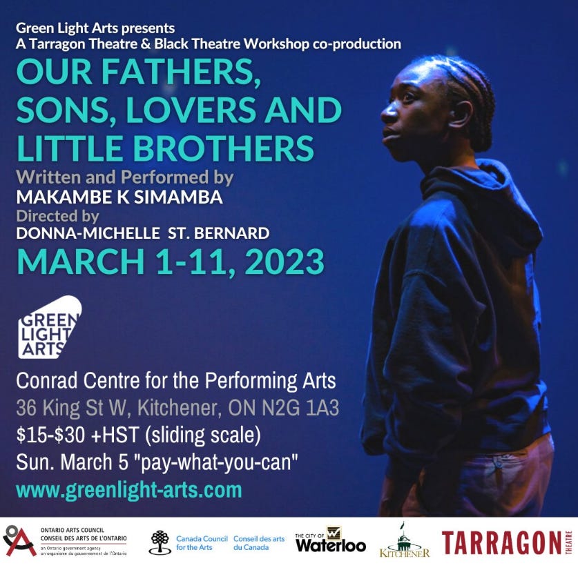 Poster for Our Fathers, Sons, Lovers, and Little Brothers. Image on right of a Black woman wearing a dark hoodie, looking off to the left. Text on the left includes performance dates.