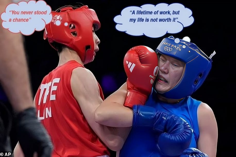 Male boxer Lin Yu-Ting, wearing red, delivers a strong punch to female boxer Sitora Turdibekova, who is in blue, during a match at the Paris Olympics. The image shows a thought bubble above Lin Yu-Ting saying, 'You never stood a chance,' and a thought bubble above Sitora Turdibekova saying, 'A lifetime of work, but my life is not worth it.' This match has raised concerns about the fairness and safety of men competing against women in sports.