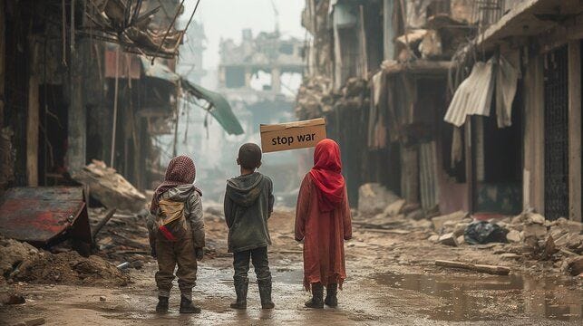children look at the destroyed city, stop war, anti-war concept, inscription on cardboard stop war