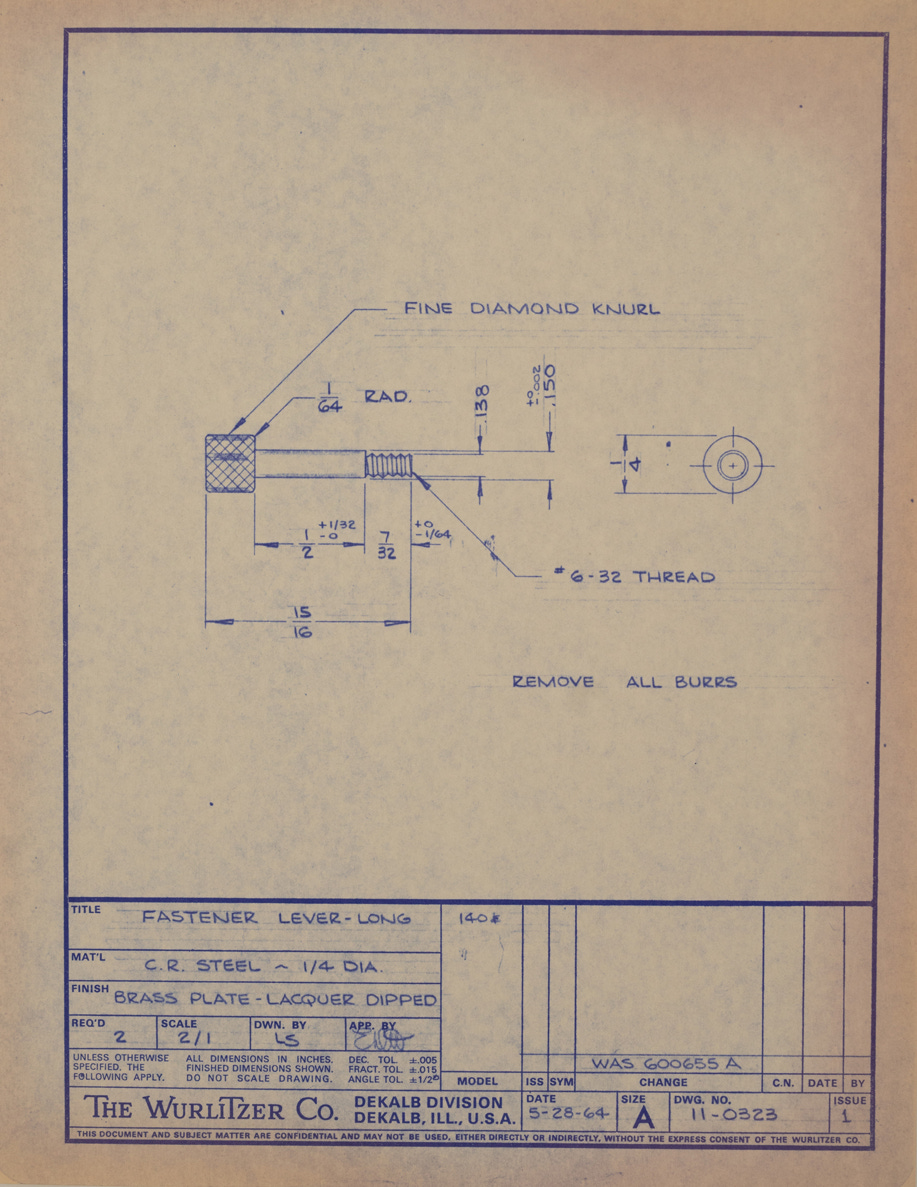 The Wurlitzer document depicting the 140-series Wurlitzer fall board latches.