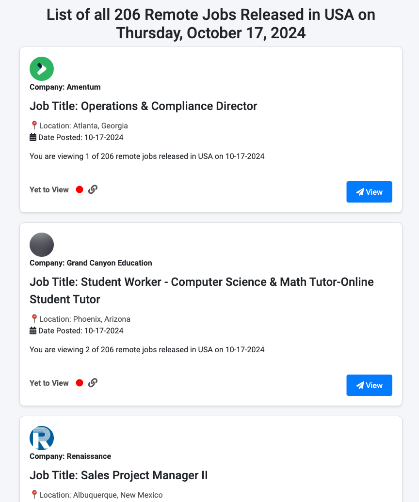 List of all 206 New Remote Jobs in the USA Thursday, October 17, 2024