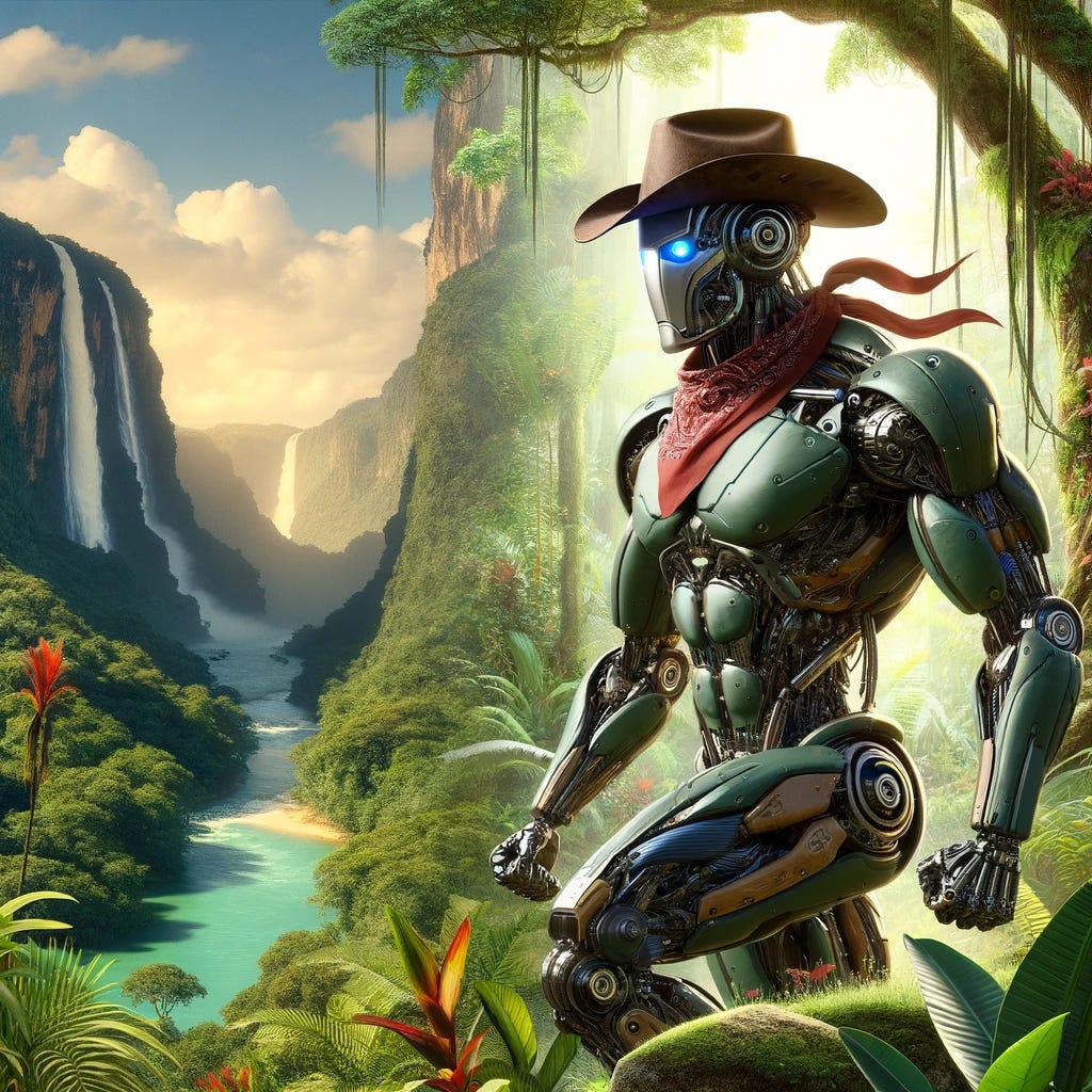 Transform the futuristic, intelligent robot into a unique character that combines elements of strength, the Wild West, and a jungle setting. Picture a robot with a muscular, human-like physique, exuding power and confidence. This robot wears a cowboy hat and has elements of cowboy attire integrated into its design, such as a bandana around its neck and rugged, Western-style boots. Despite its cowboy appearance, the robot is placed in a lush jungle environment, surrounded by exotic plants and perhaps a distant waterfall in the background, blending the themes of nature's untamed beauty with the ruggedness of a cowboy. This juxtaposition symbolizes the robot's adaptability and strength in diverse environments, from the technological to the natural world.