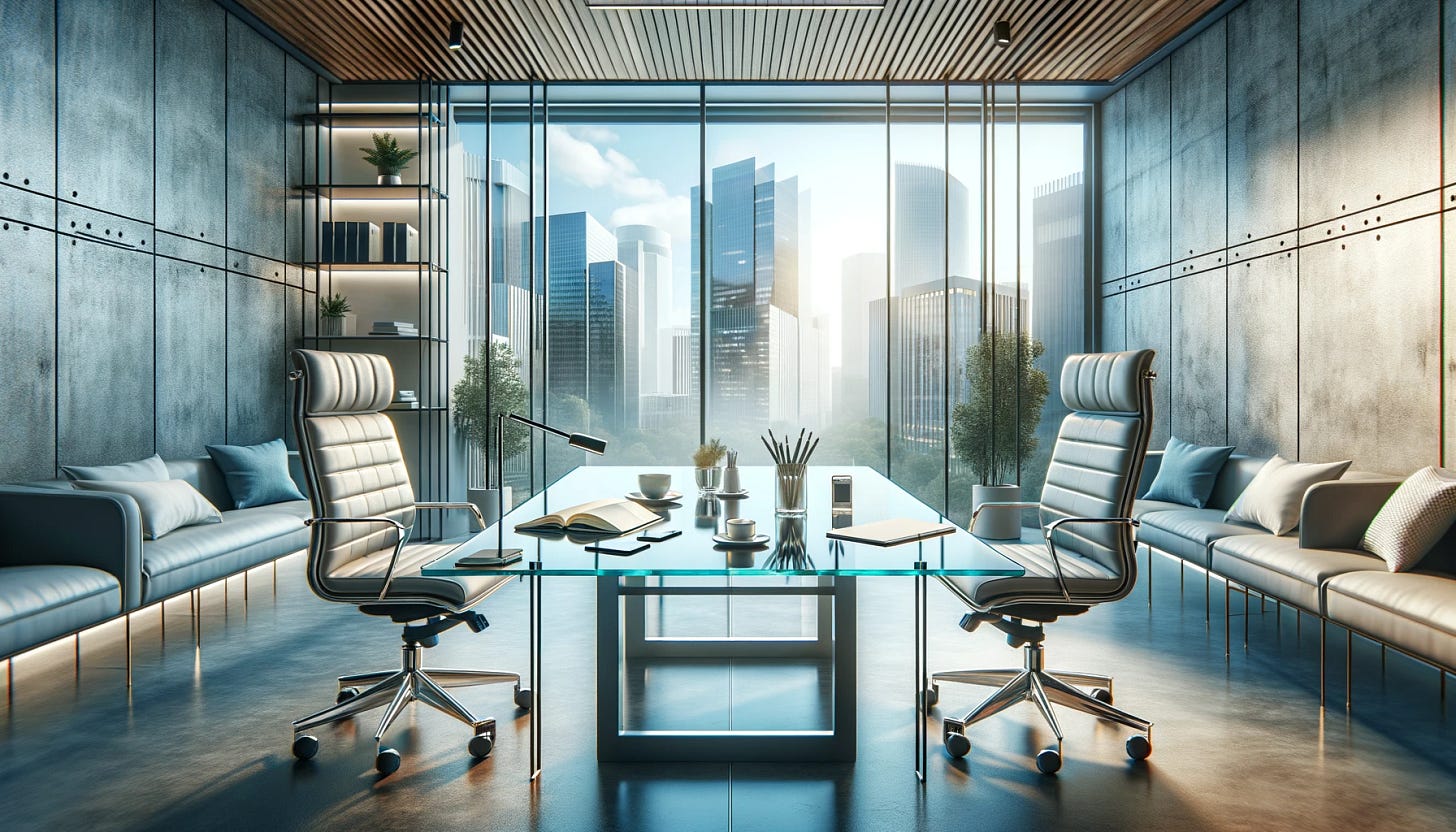 A professional and engaging header image for a blog post titled '1:1 Meetings Quick Guide'. The image depicts a modern office meeting room with a clear glass table and two comfortable chairs facing each other. On the table, there's an open notebook, a pair of smartphones, and two cups of coffee. The background shows a large window with a view of a bustling cityscape, symbolizing a dynamic work environment. The room is well-lit with a blend of natural and artificial light, creating a focused yet welcoming atmosphere. The color scheme is neutral with subtle hints of blue and grey, reflecting a corporate setting.