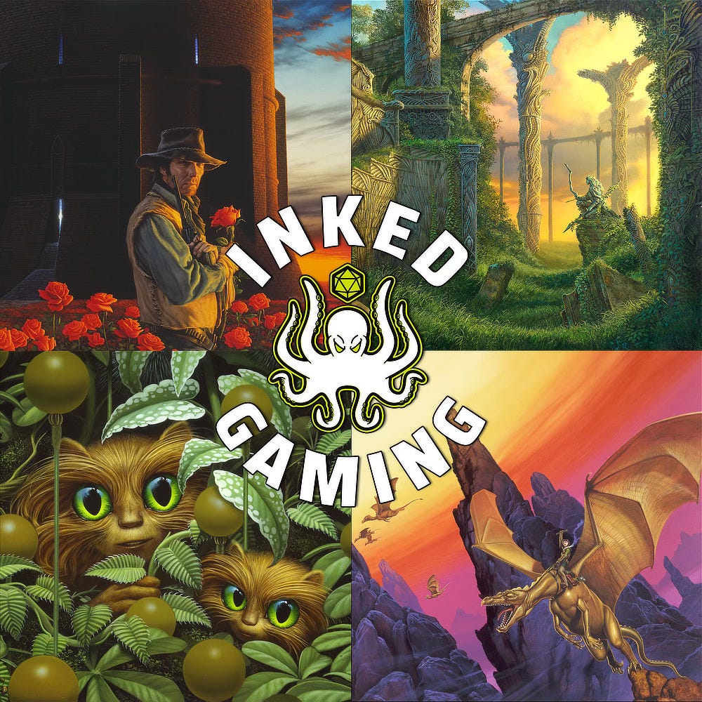 Advertisement for Inked Gaming featuring details from 4 painting (clockwise from top left): THE DARK TOWER, EMPIRE OF GRASS, MORETA, and PEEKABOO FUZZIES