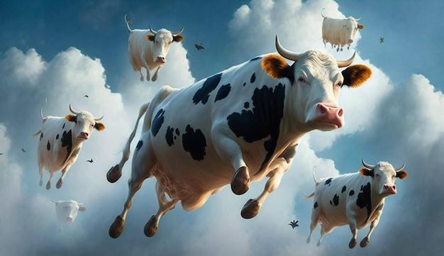 Premium AI Image | A painting of cows flying in the sky