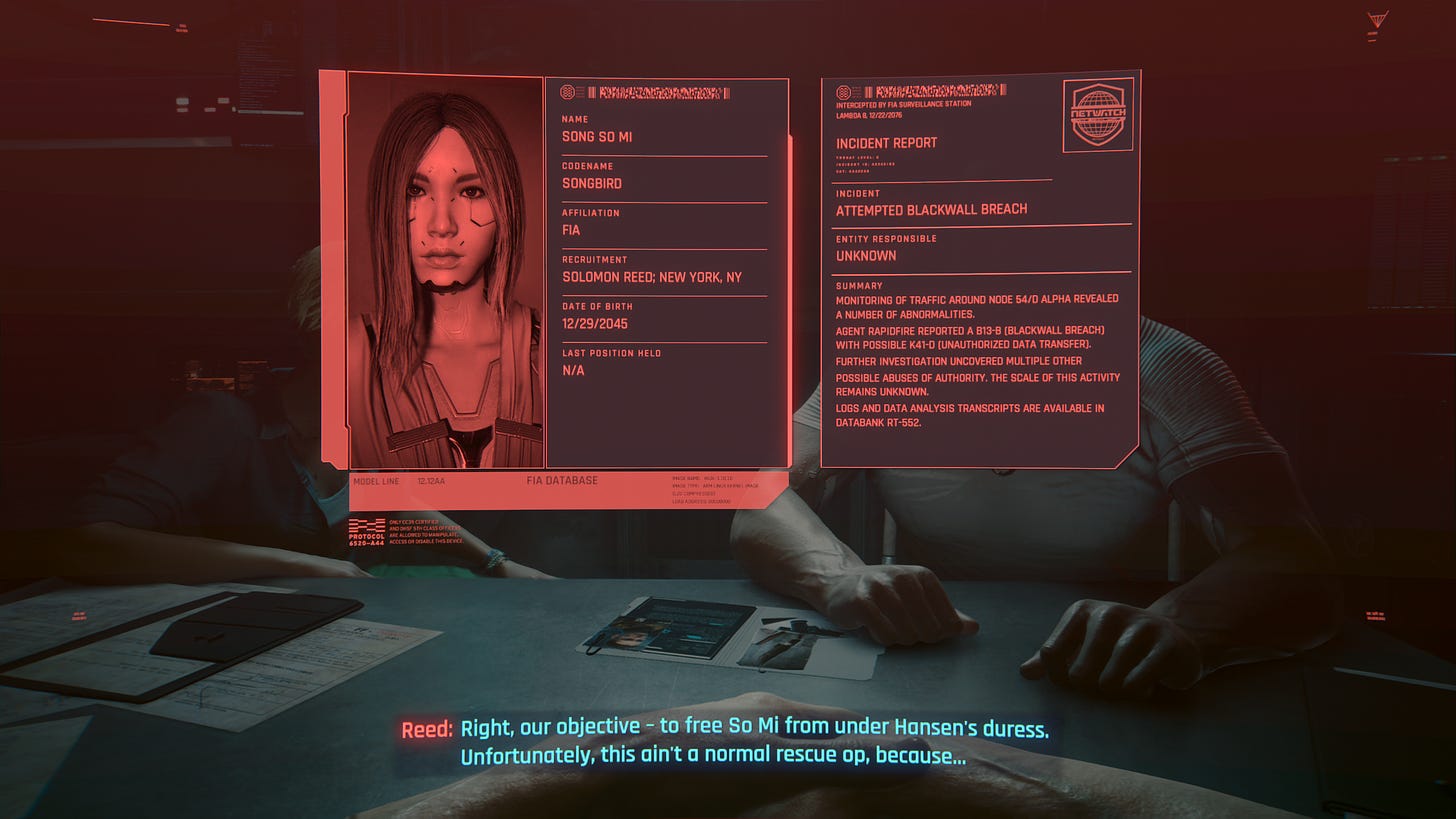 A screenshot of Cyberpunk 2077: Phantom Liberty, showing a mission briefing with a profile of Songbird and her history as a netrunner spy. Hidden by the profile panels is Solomon Reed, saying: "Right, our objective - to free So Mi from under Hansen's duress. Unfortunately,, this ain't a normal rescue op, because..."