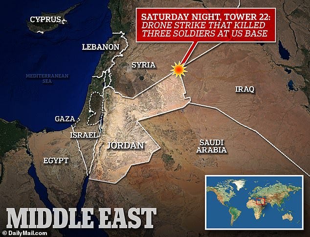 The United States has vowed to respond to a drone attack on a base in Jordan - Tower 22 (shown on map) - that resulted in the first US military deaths in an attack in the region since the Israel-Hamas war began, raising fears of an escalating Middle East conflict