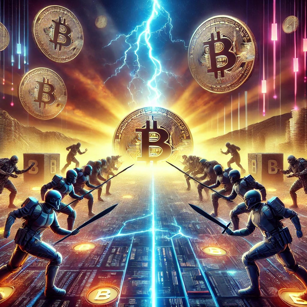 A dramatic digital painting depicting the Bitcoin Blocksize War. The image shows two opposing factions: one side representing decentralization, with Bitcoin nodes and individual users standing firm, and the other side representing large corporations and miners trying to push bigger blocks. The background is a futuristic cyber battlefield with Bitcoin symbols glowing. A lightning bolt strikes, symbolizing the User Activated Soft Fork (UASF) victory. The scene is intense, with a sense of conflict and resolution.