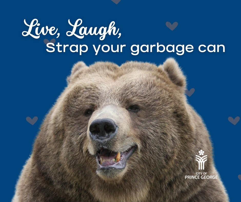 Alt text: A graphic with a message "Live, Laugh, Strap your garbage can" featuring a close-up of a brown bear's face on a blue background, hearts around the top corners, and the logo of the City of Prince George at the bottom.