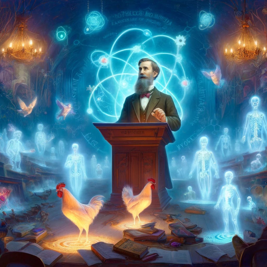 A fantastical depiction of Wilhelm Röntgen, the discoverer of X-rays, giving a lecture in an imaginative, otherworldly lecture hall. The scene is whimsical with ethereal elements, such as floating books, spectral chickens crossing ghostly roads, and glowing symbols of atomic structures. Röntgen stands at a futuristic podium, emitting soft X-ray light that illuminates the darkened room, revealing hidden aspects of the surroundings. He is portrayed as a late 19th-century scientist, with a full beard and traditional attire, but with a mysterious aura. The background is filled with fantastical and luminous illustrations, enhancing the theme of exploring the invisible.