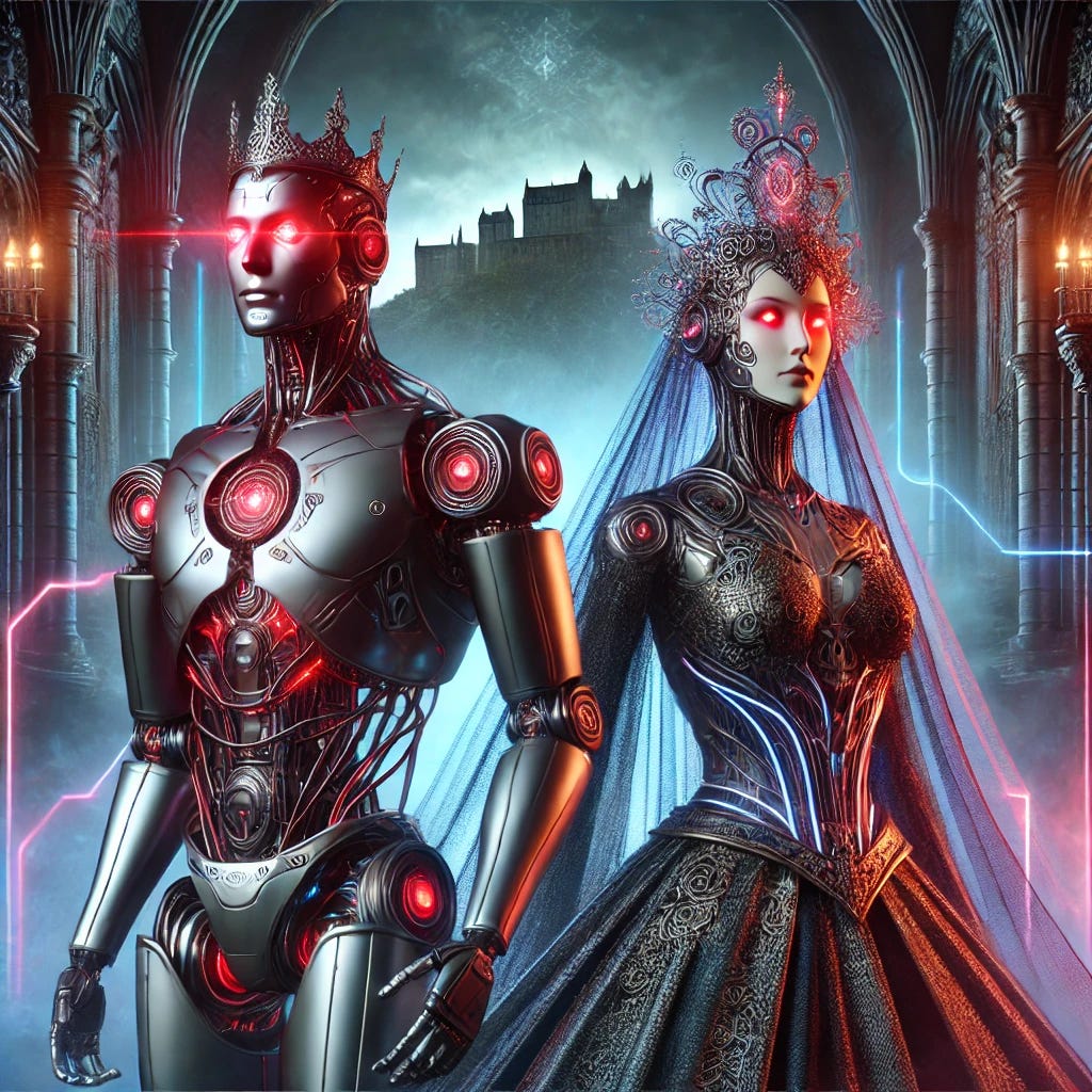 A futuristic AI robot depiction of Macbeth and Lady Macbeth from Shakespeare's play. Macbeth is a humanoid robot with a sleek metallic armor resembling medieval knight plating, glowing red eyes, and an imposing stance. Lady Macbeth is a cybernetic queen with an elegant but mechanical appearance, adorned with intricate circuits and a flowing, high-tech robe. The background is a dark, misty Scottish castle with neon-lit accents, blending Shakespearean tragedy with cyberpunk aesthetics.