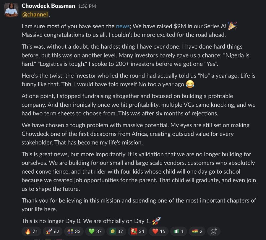 Slack message from Chowdeck CEO Femi Aluko announcing the Series A fundraise