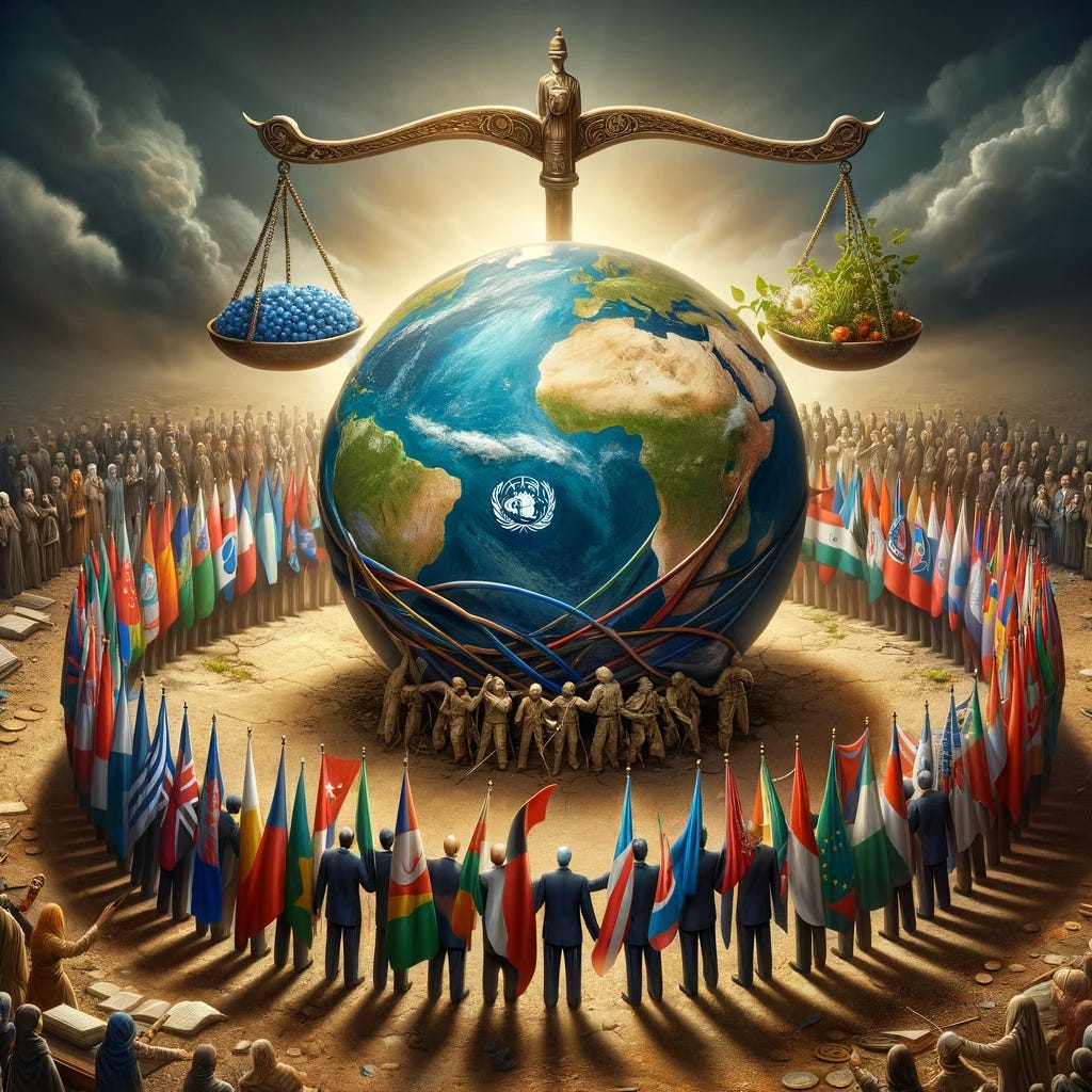 An image symbolizing the challenges and opportunities for the Non-Aligned Movement (NAM) in modern conflicts, focusing on the principles of sovereignt