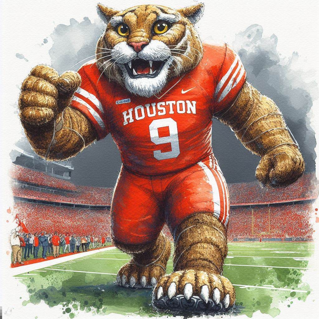 The Houston Cougars mascot as a giant, watercolor