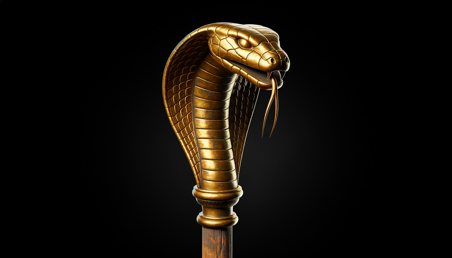 A photorealistic depiction of a brass cobra head mounted atop a wooden pole, inspired by the biblical passage Numbers 21:5–9. The cobra's hood is flared, and its menacing face is detailed with sharp features, including piercing eyes and a closed mouth. The brass head sits firmly on the slender wooden staff, symbolizing the "fiery serpent" crafted by Moses as directed by God. The pole's wood appears aged and weathered, reflecting ancient craftsmanship. The background is pitch black, isolating the brass serpent and pole as the central focus, symbolizing divine intervention and healing for the Israelites.