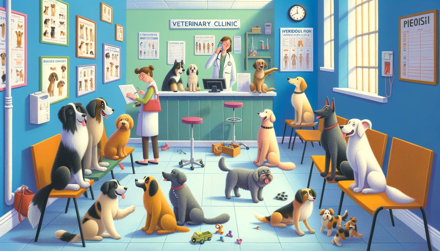 A whimsical scene inside a veterinary clinic where dogs of various breeds are waiting for their turn to see the doctor. Some are sitting patiently on the chairs, while others are playfully interacting with each other. A couple of dogs are standing up, sniffing curiously at the medical posters on the walls. The reception desk is manned by a friendly looking person, busy scheduling appointments and answering phone calls. The clinic is bright and welcoming, with toys scattered around the floor for the dogs to play with. The scene encapsulates the bustling yet heartwarming atmosphere of a vet's office dedicated to the care of dogs.