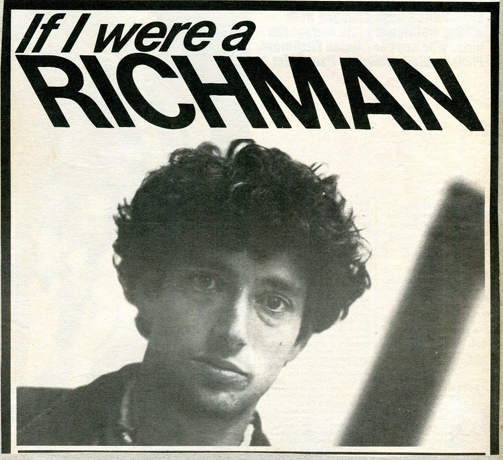 First page of the Melody Maker cutting. It has a head and shoulders of Jonathan and the headline "If I were a Richman".