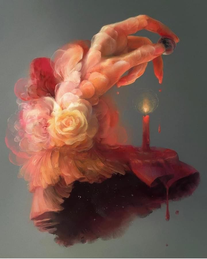 This may contain: a painting of a person holding a candle in the air with their hands on top of it