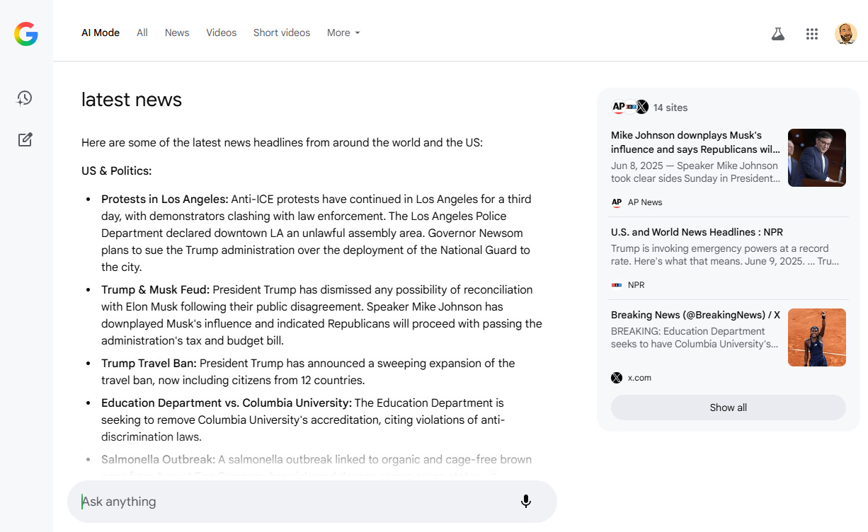 AI Mode answer for the ‘latest news’ query