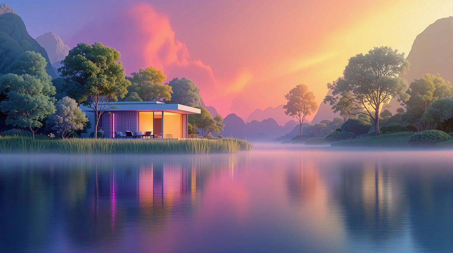 Minimalistic rainbow riverside house, seamless spectrum gradient, photorealistic, UHD