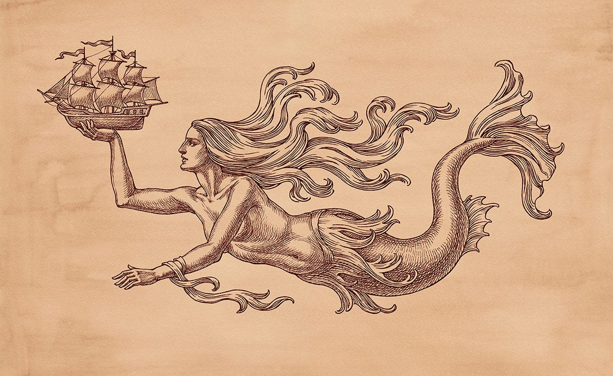 A mermaid siren holding a sailing ship. 