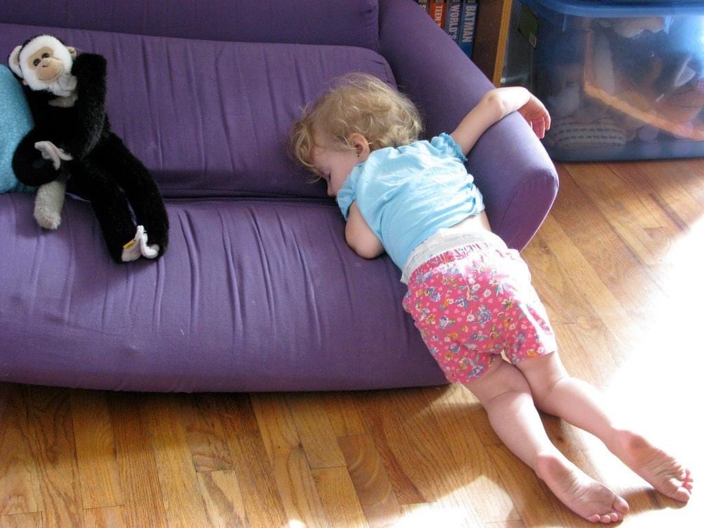 a tousle-headed toddler sleeping face down on a purple futon beside her stuffed monkey