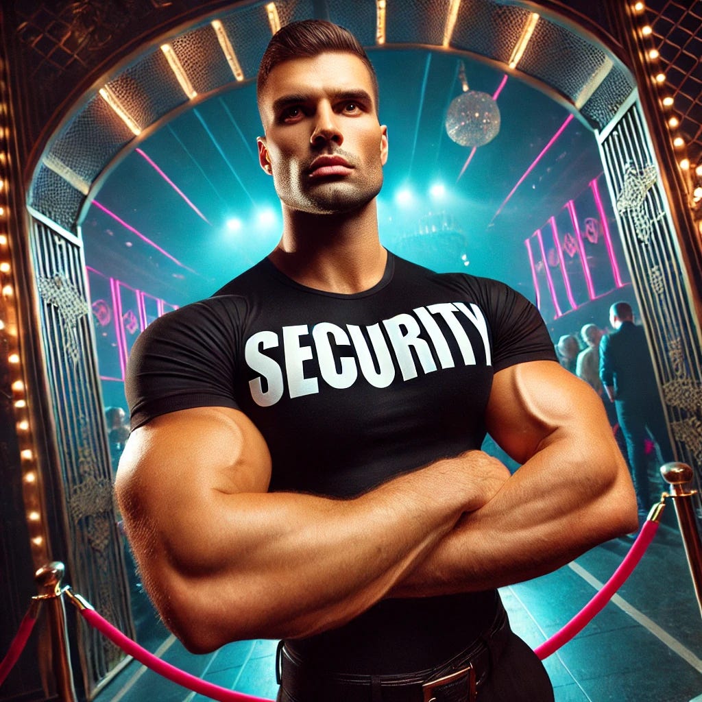 A powerful and imposing nightclub bouncer stands at the entrance, wearing a tight black shirt with 'SECURITY' printed in bold white letters across his chest. His muscular arms are crossed, and he has a serious, no-nonsense expression. The background features neon lights, a glowing nightclub entrance, and a lively crowd waiting behind a velvet rope. The atmosphere is high-energy, emphasizing exclusivity, authority, and the idea that not everyone is allowed inside. The nightclub entrance does not have any visible text or signage.