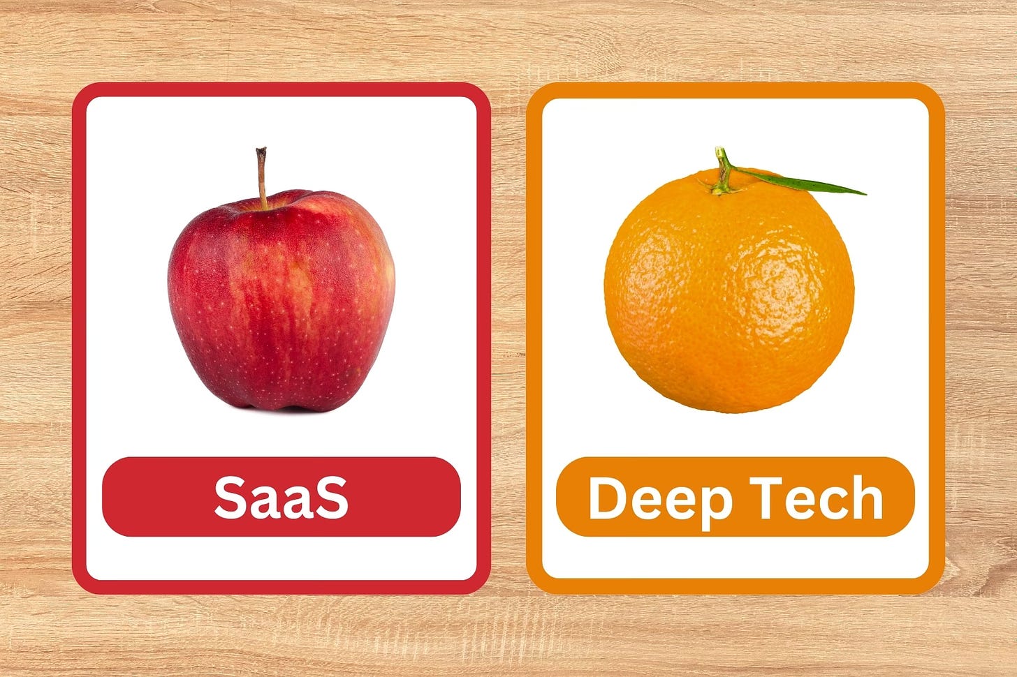 Flashcards with an apple and orange but say "SaaS" and "Deep Tech"