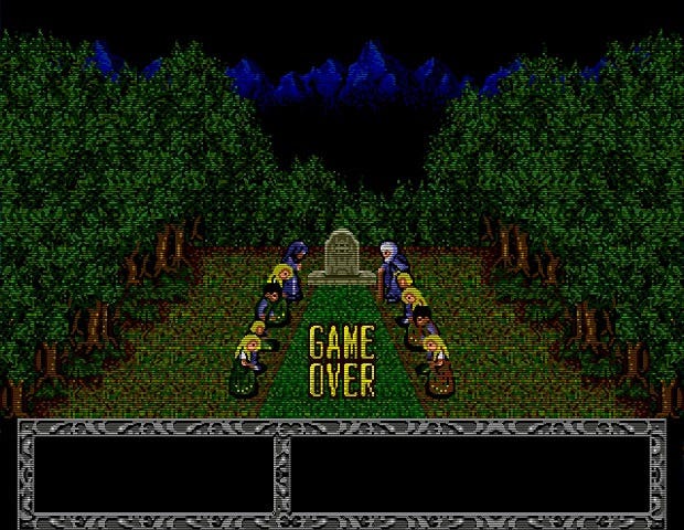A screenshot from the Game Over screen of Fatal Labyrinth, from someone who picked up quite a bit of gold on their journey: there are 10 people in attendance, all bowing their heads, five on each side of the grave.