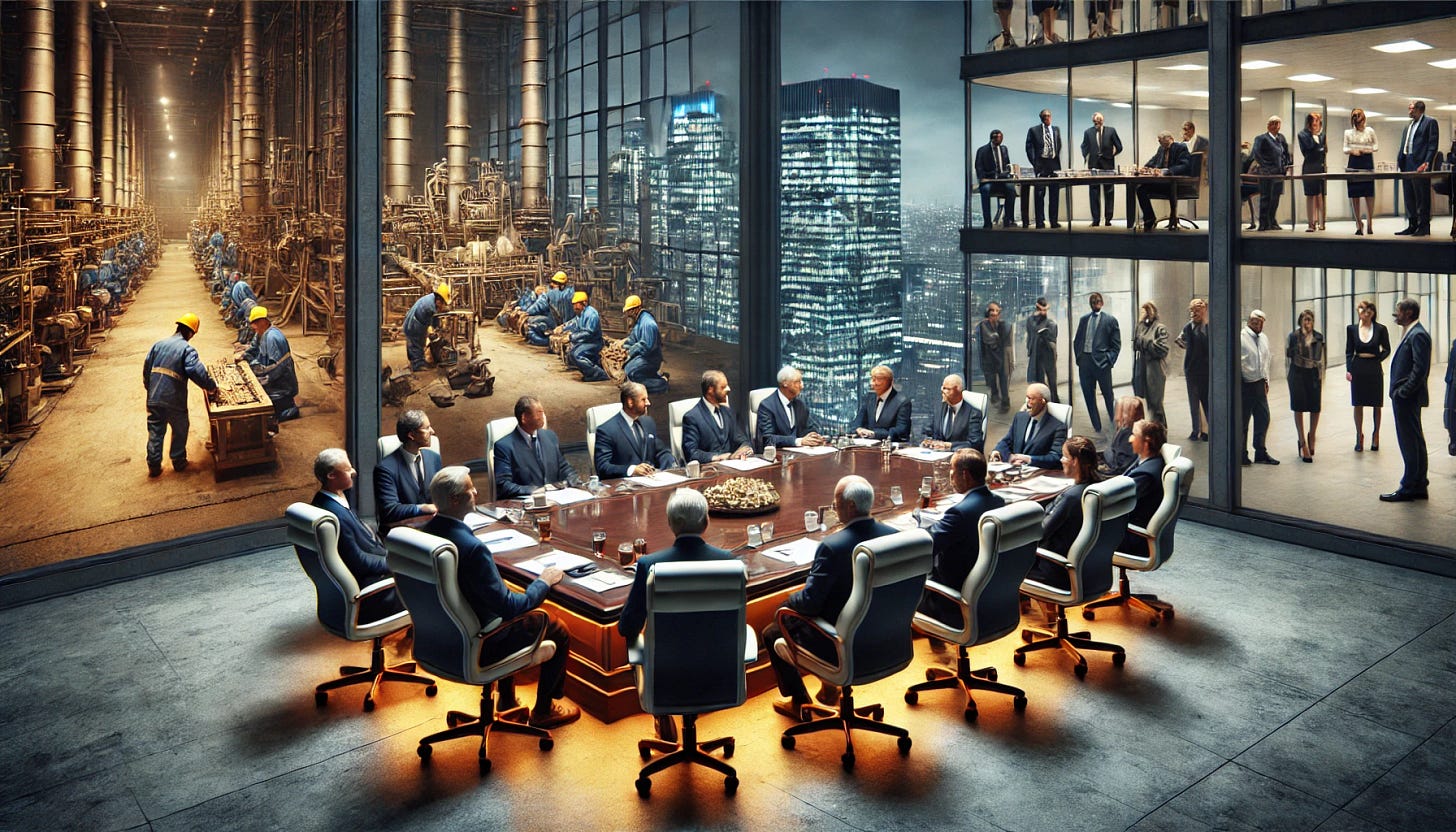 A realistic scene of a corporate boardroom meeting in a luxurious skyscraper. Well-dressed businessmen and politicians sit around a large, elegant table, discussing important decisions. The atmosphere is serious and elitist. In the background, a contrasting scene shows factory workers and low-paid employees in a dimly lit, overcrowded workspace, struggling with hard labor. The image highlights the stark difference between the wealthy elite making decisions and the working class affected by them.