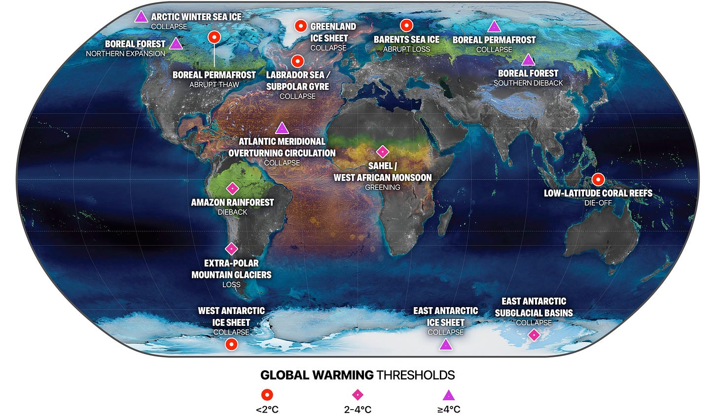 Map graphic of 16 identified global tipping points.