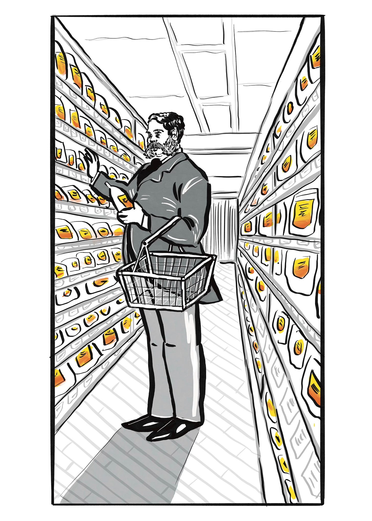 An illustration of Chester A. Arthur standing in his former sitting room, now an aisle at Kalustyan's. He has a shopping basket hanging from his elbow and a spice pack in his left hand as he reaches out for a new spice bag with his right. His mutton chops are magnificent. The drawing is in black and white except for the signature orange and yellow labels filling the shelves like sunsets in miniature.