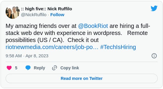 My amazing friends over at  @BookRiot  are hiring a full-stack web dev with experience in wordpress.   Remote possibilities (US / CA).  Check it out https://riotnewmedia.com/careers/job-posting-full-stack-web-developer/ #TechIsHiring