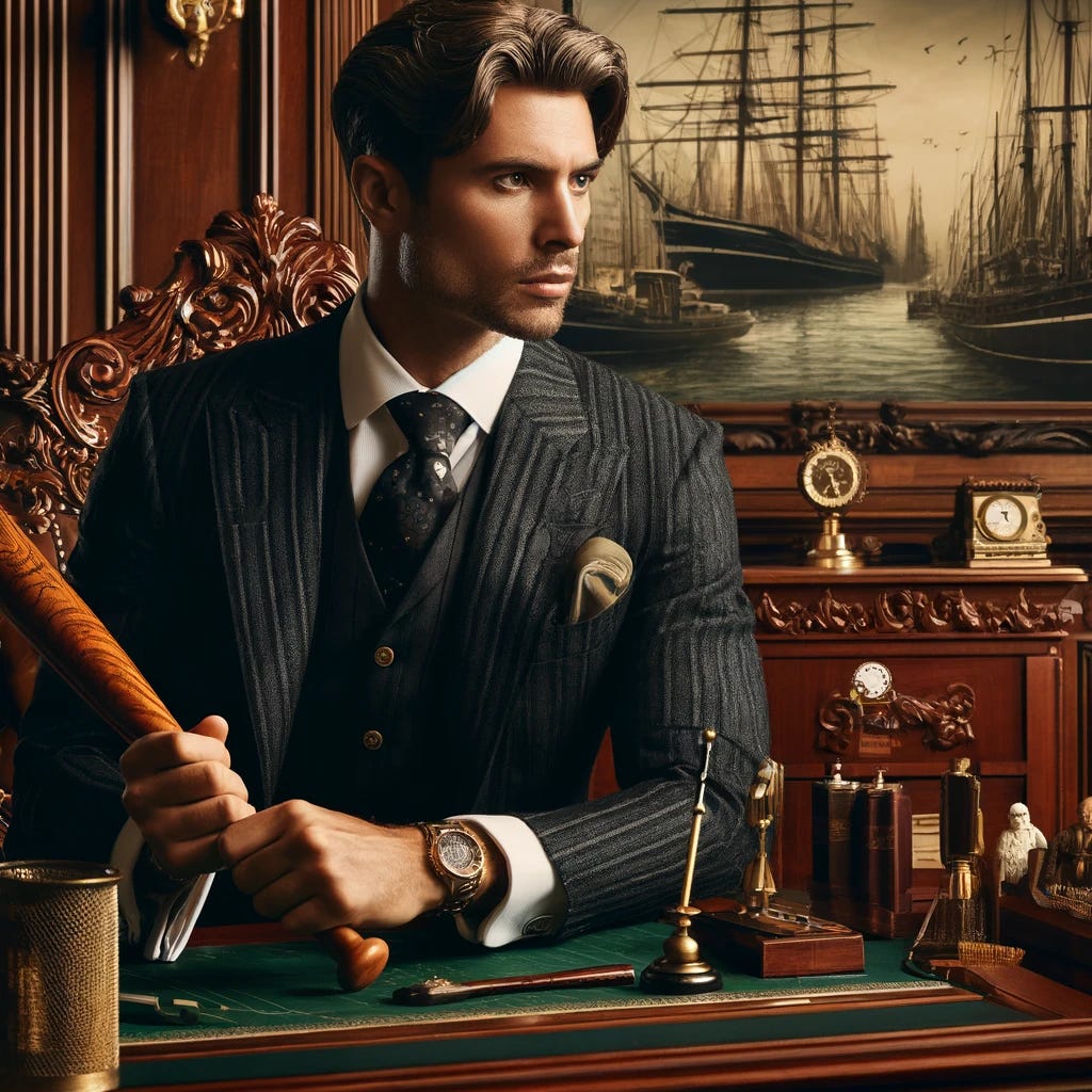 A sophisticated, old-fashioned rendition of a financial trader at a grand, ornate trading desk. The trader, a stylish middle-aged Caucasian man with slicked-back brown hair, wears a luxurious dark suit with a pocket square. He gazes out over a vintage styled port, where tall ships and steam-powered vessels dominate the view. He casually holds a wooden baseball bat with intricate carvings. The environment is richly decorated with mahogany wood, golden accents, and antique furnishings, exuding opulence.
