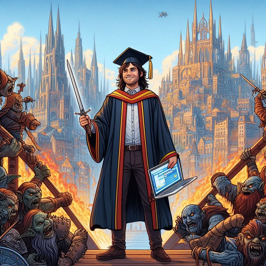 Horatio on the bridge, in front of a grand, colorful city with castles and skyscrapers, as a host of orcs storms onto the bridge to attack him. Horatio has a graduation cap in his head, a computer in one hand, and a sword in the other, and is smiling calmly as the orcs rage towards him.
