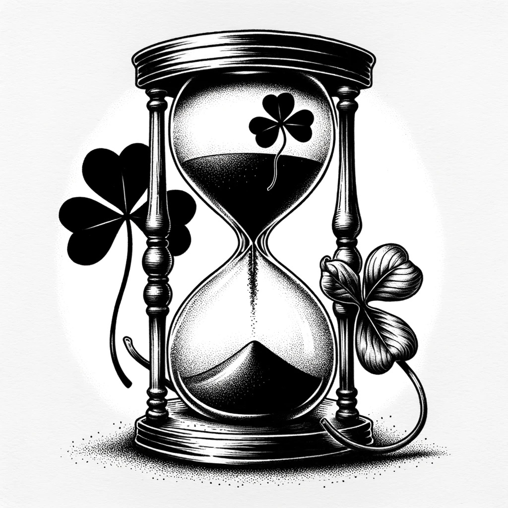 A symbolic black and white drawing that represents the concept of 'luck runs out'. The artwork features an empty hourglass with the last few sand grains falling through the narrow passage, symbolizing the end of a fortunate period. Beside the hourglass, a wilted four-leaf clover adds to the theme of fading luck. The background is stark and simple to emphasize the central motifs. The drawing is in a detailed, ink sketch style, evoking a somber mood.