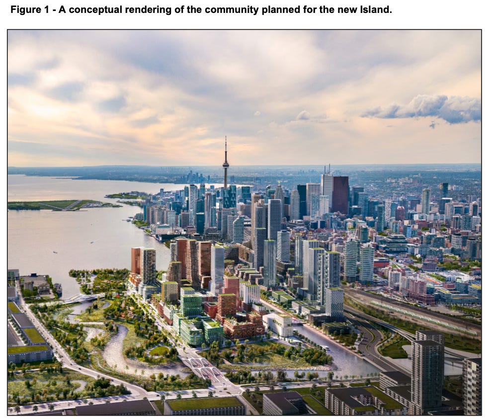 A rendering of the new plan for Villiers Island, showing several tall residential condo towers