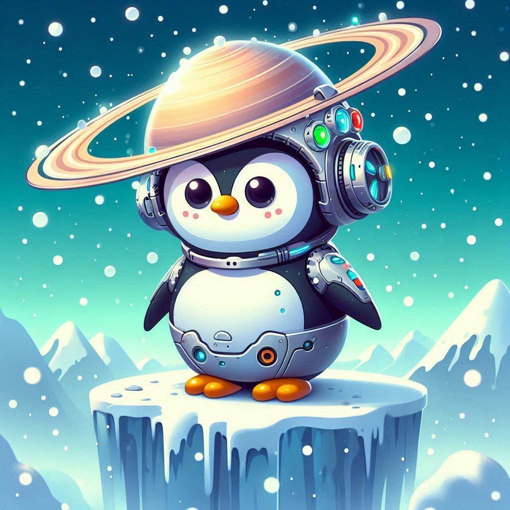 cyborg penguin with the ring of saturn around its head