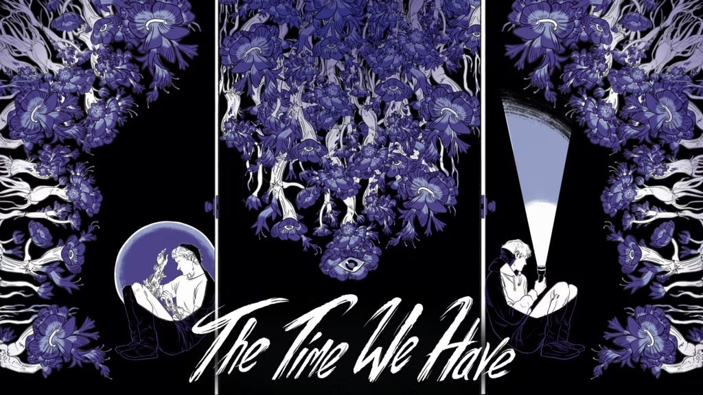 The banner image of The Time We Have, which depicts two brothers sitting down next to a closed door, on either sides of the door. At the edges of the picture are purple flowers. The infected brother has plants growing from his arms.