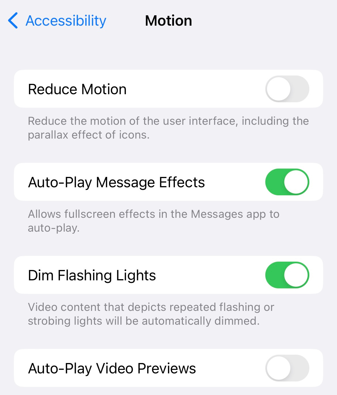 screenshot of OS motion settings