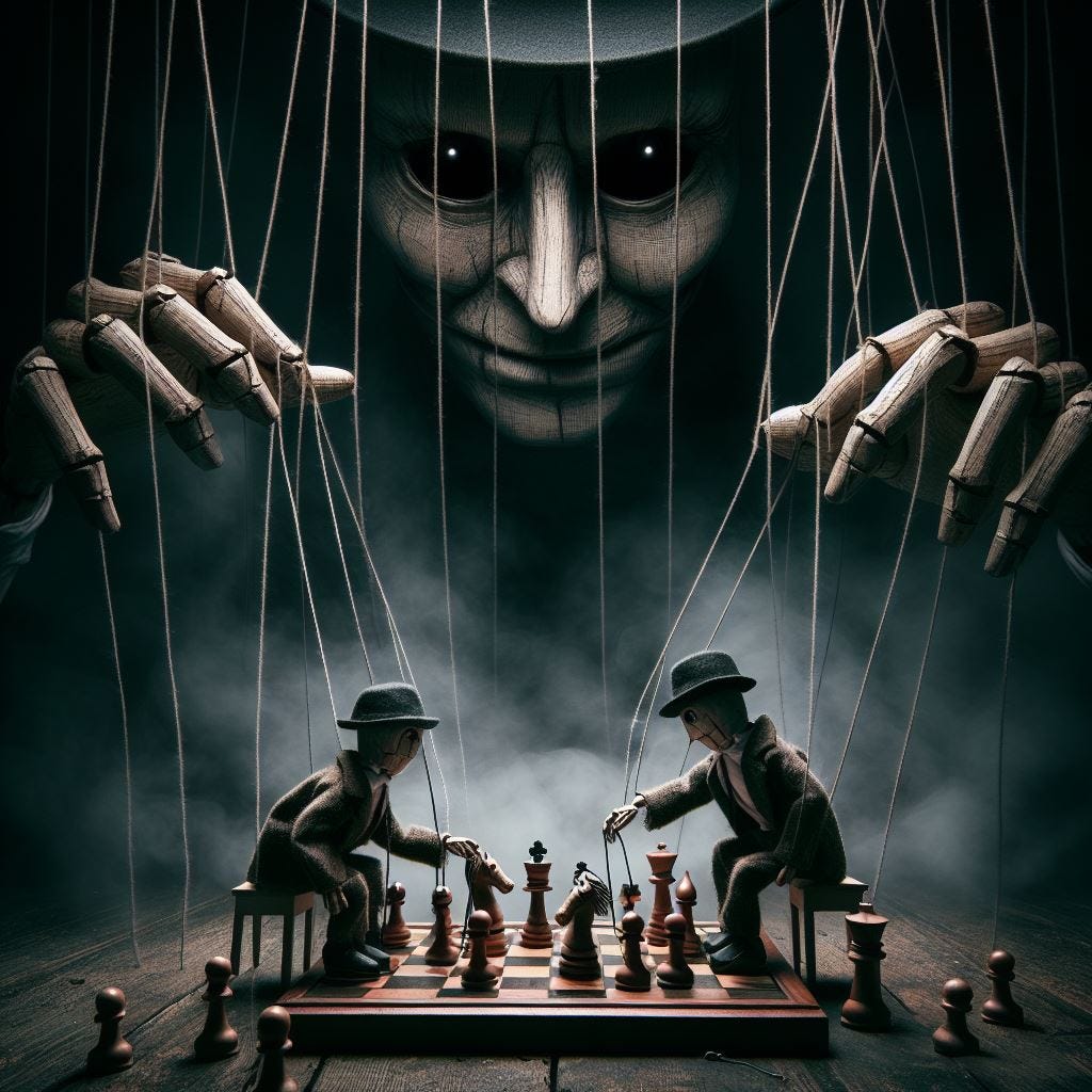 dark depressive: two  marionettes playing chess,  puppetted by a massive Marionette staring down on them whose strings continue upwards out of frame