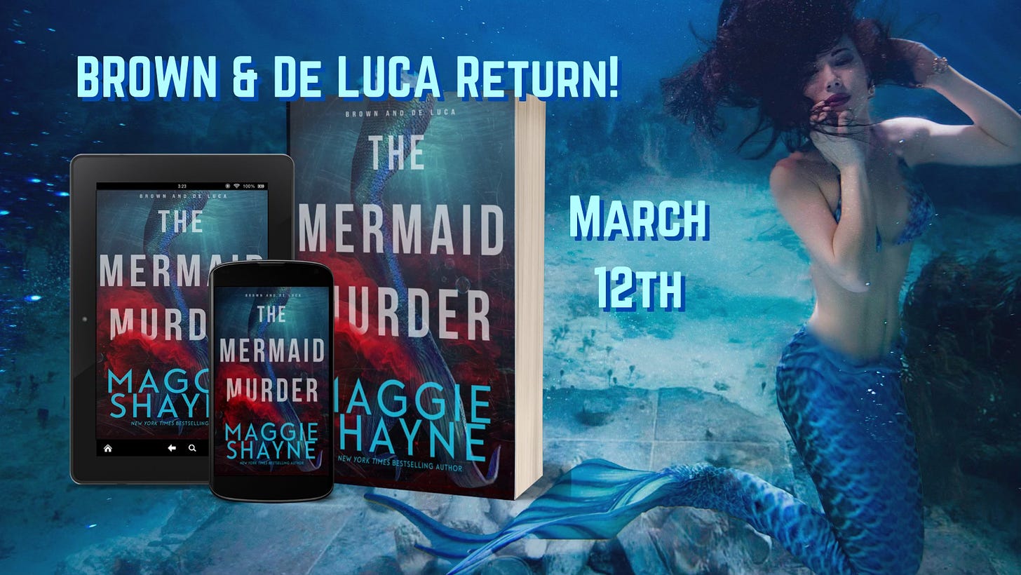 The Mermaid Murder book on a blue ocean background with a distressed mermaid facing camera