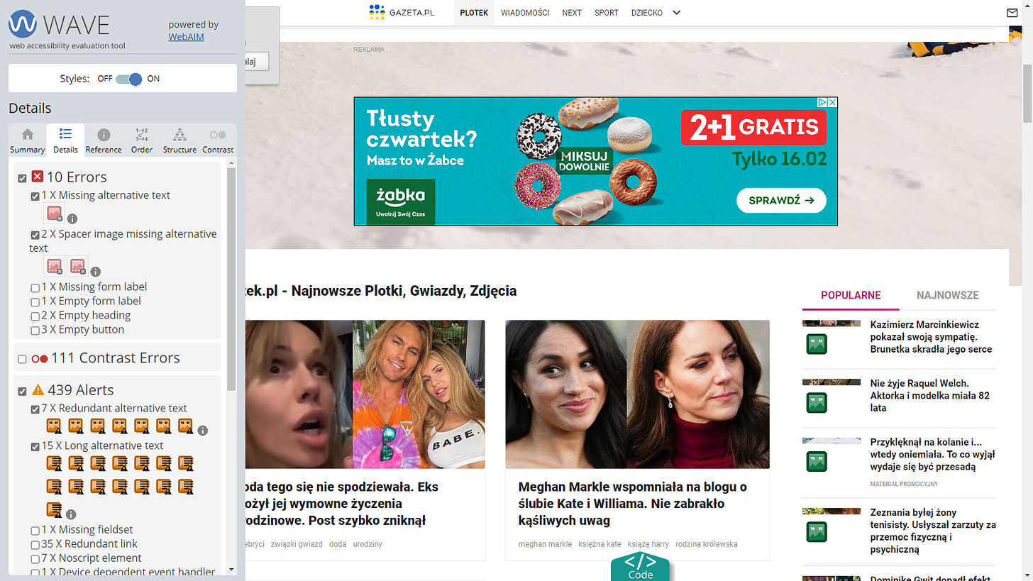 Zrzut ekranu ze strony Plotek.pl z kolorowymi ikonami z rozszerzenia Wave. Wyświetlone są tylko te związane z tekstem alternatywnym