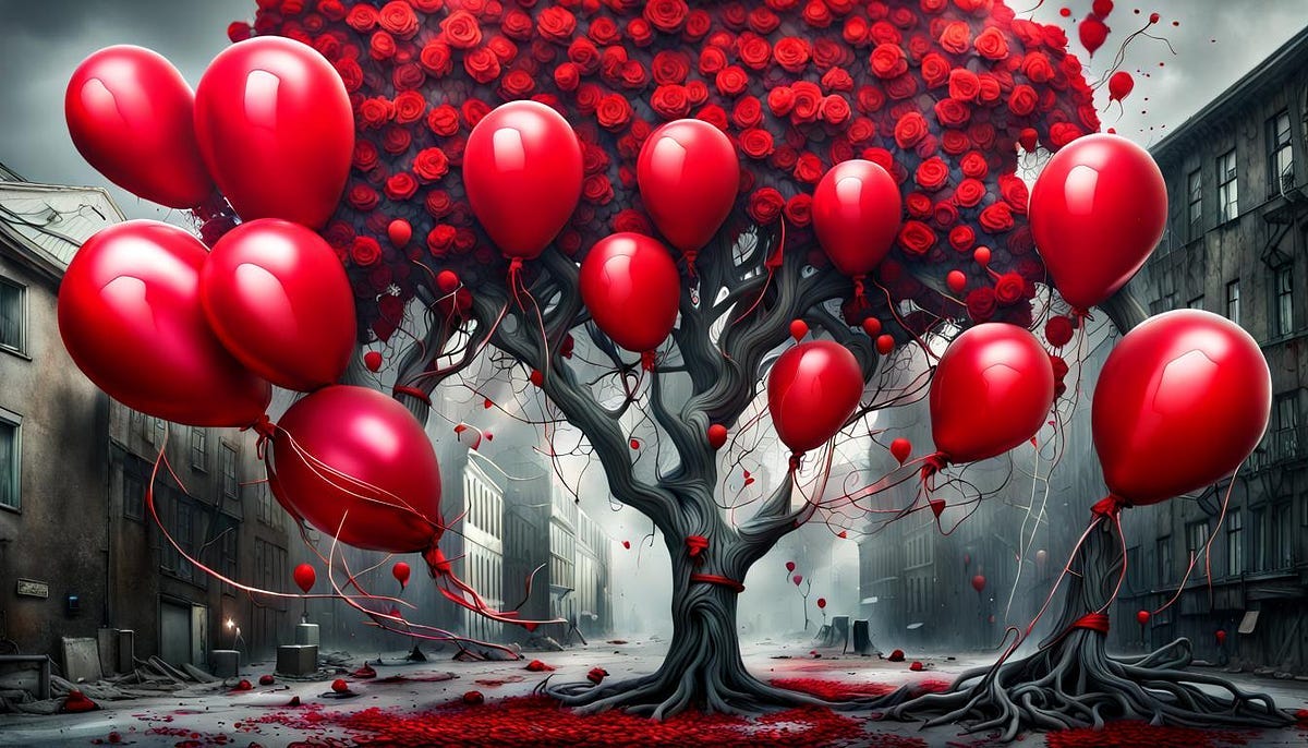 Tree, red balloons, red roses