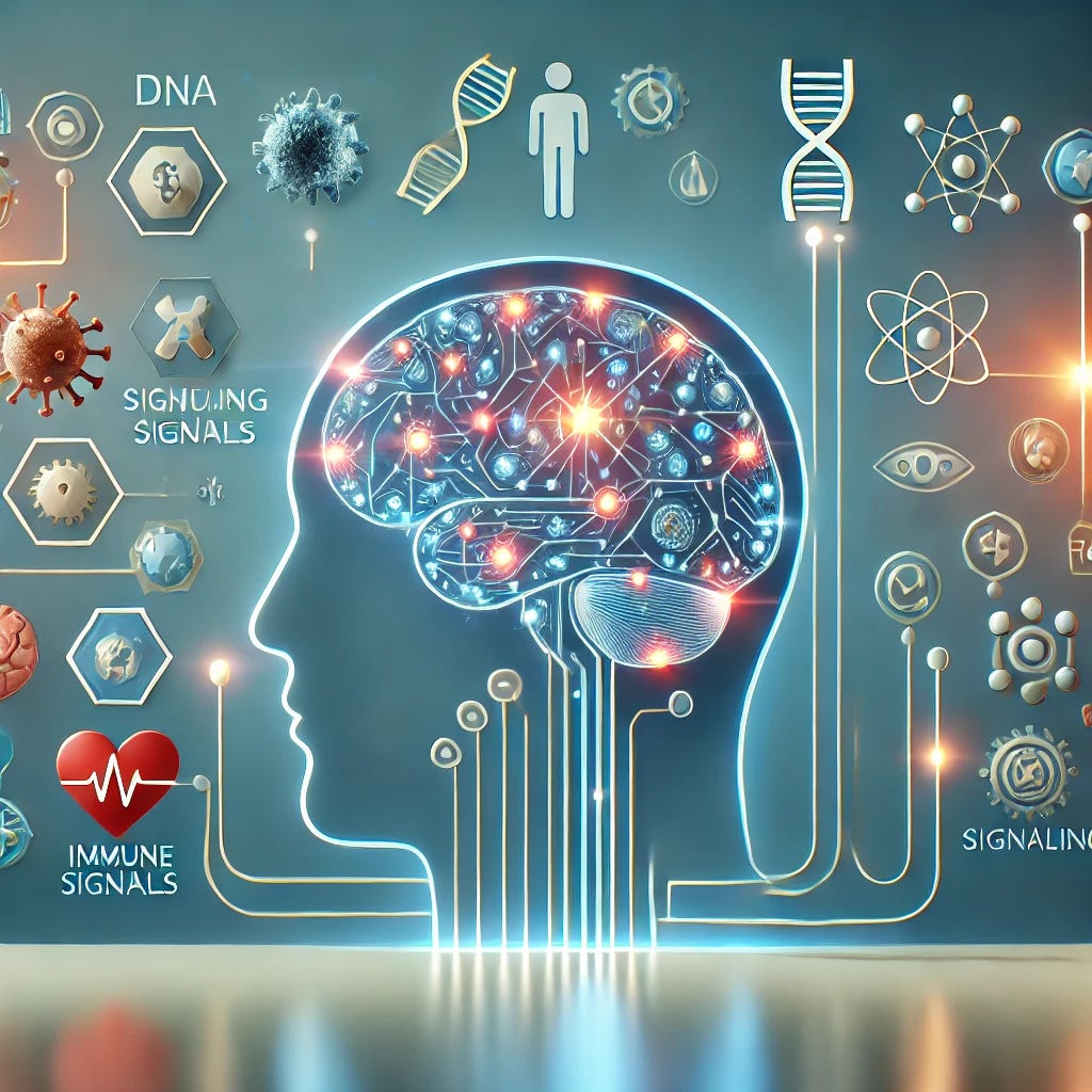 A professional medical illustration depicting the connection between immune signals and brain health. The image features a simplified human brain with glowing neural circuits symbolizing mood and memory, intertwined with symbolic immune elements like receptors and signaling pathways. The setting is clean, modern, and approachable, with vibrant yet professional tones. Icons such as a DNA strand and neurons emphasize scientific innovation and positivity. The visual avoids unsettling details, ensuring it is clear and engaging, suitable for illustrating advancements in neuroscience and immunology.