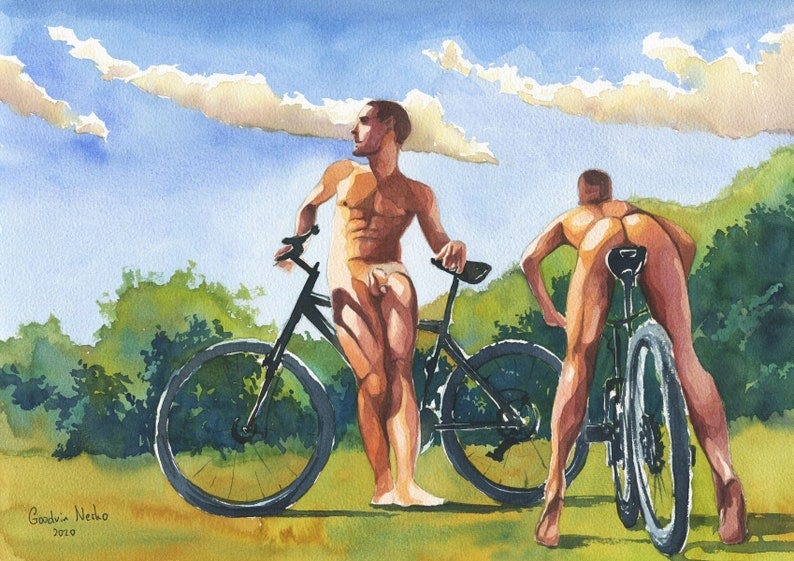 PRINT of Original Art Work Watercolor Painting Gay Interest Male Nude Cyclist 4 image 1