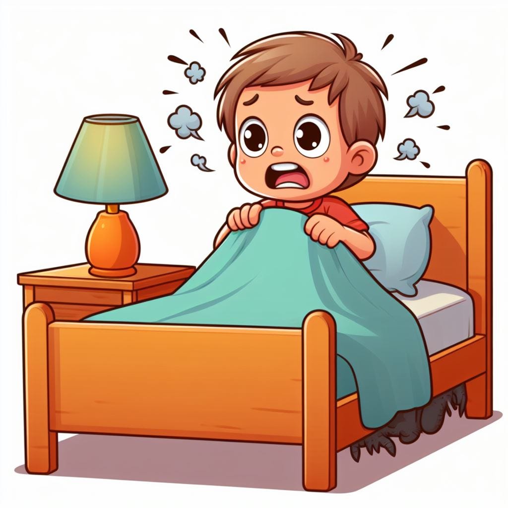 A cartoon of a child in bed, looking scared as some furry monstery fingers poke out from underneath