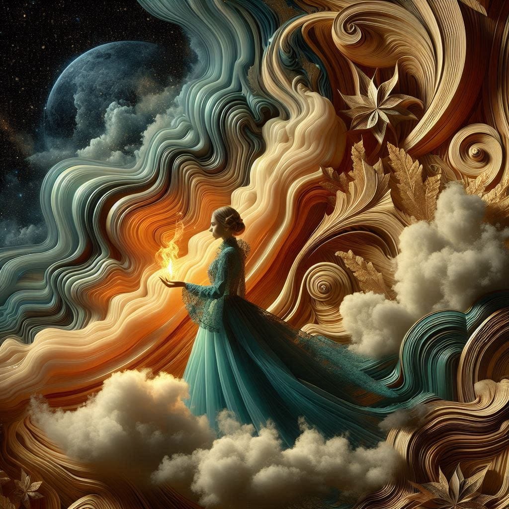  5d angle glass leaf with with a small fire in it over image of  Birchwood/rosewood middle aged  woman in teal sequence gown with chartrues high lace collar /water in resin/ soft, beautiful/honey-wood and copper/ Marquetry, verdigris. mountain / fluffy cloud floating low in foreground / honey-gold-swirl/surrounded by copper pipes .REFLECTED/ Inspired by style of Jeffrey Catherine Jones /backdrop of swirling clouds under moon.black starry sky / love/ bliss