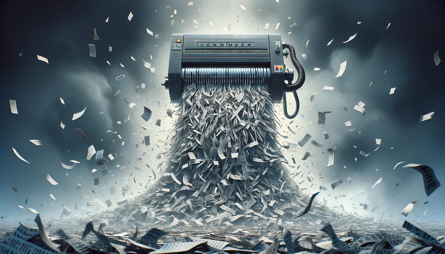 Create a cartoon-style image that emphasizes a shredder aesthetic, depicting a machine overwhelming the scene with a flood of shredded text. The machine should appear powerful and menacing, with sharp blades or components that suggest it's actively shredding words and spewing them out into the environment. The shredded text should create a visual metaphor for chaos and information overload, with pieces of words and letters swirling around and piling up on the ground. The atmosphere should be dark and foreboding, with shadows and perhaps visual effects to suggest a stormy environment. Maintain the 2:1 aspect ratio, subtly incorporating the main color #ee7835 without it clashing with the intense, ominous theme.