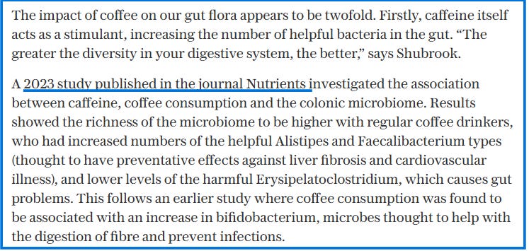 An excerpt from a Telegraph article about coffee and gut health missing an external link